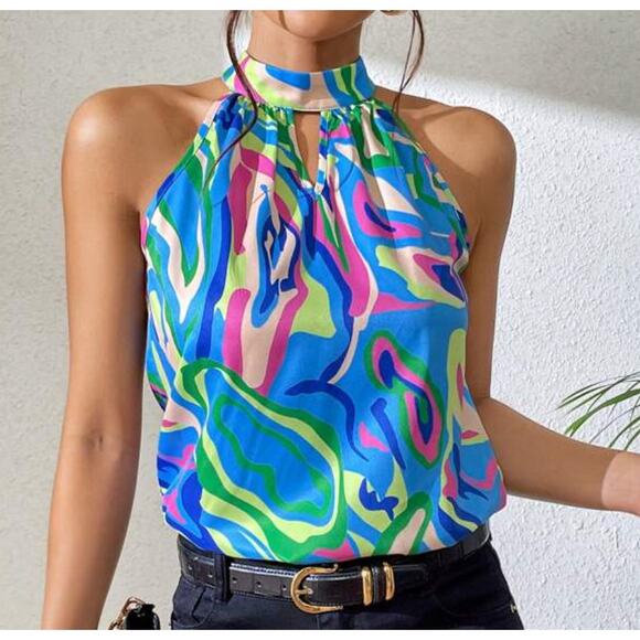 New SHEIN Privé Allover Print Keyhole Neck Blouse XL Top - Picture 2 of 9